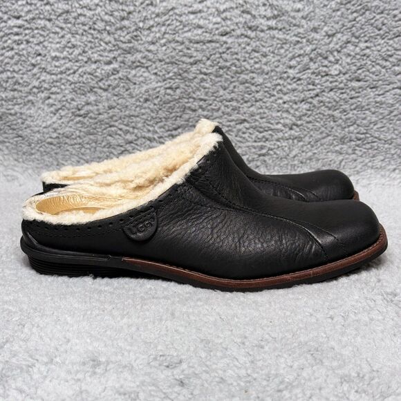 UGG Shoes - UGG Langford Womens Size 6 Mule Clogs Shoes Black Leather Sheepskin Lined